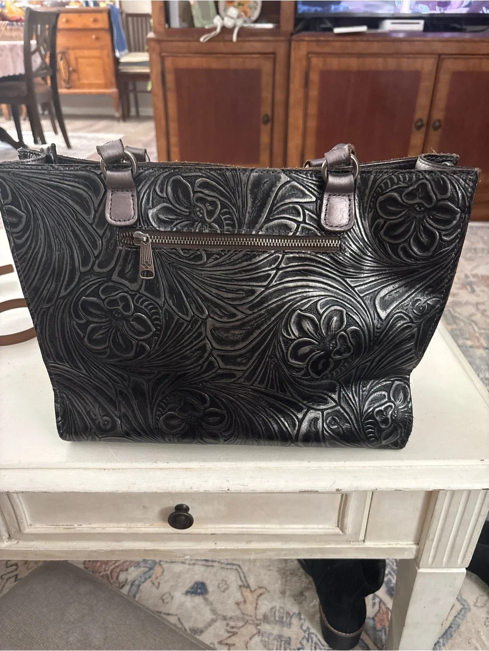 Patricia Nash Embossed Floral Leather Black Tote Bag 13” x 9.5” x 2”